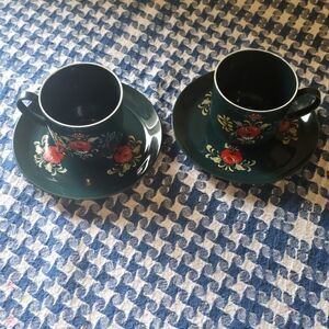 Antique Rosa Bavaria Porzellan Demitasse Cups Saucers Green w Red Floral